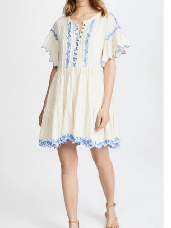 Free People Dresses & Skirts - Free People Cream Mini Dress with Blue Embroidery
